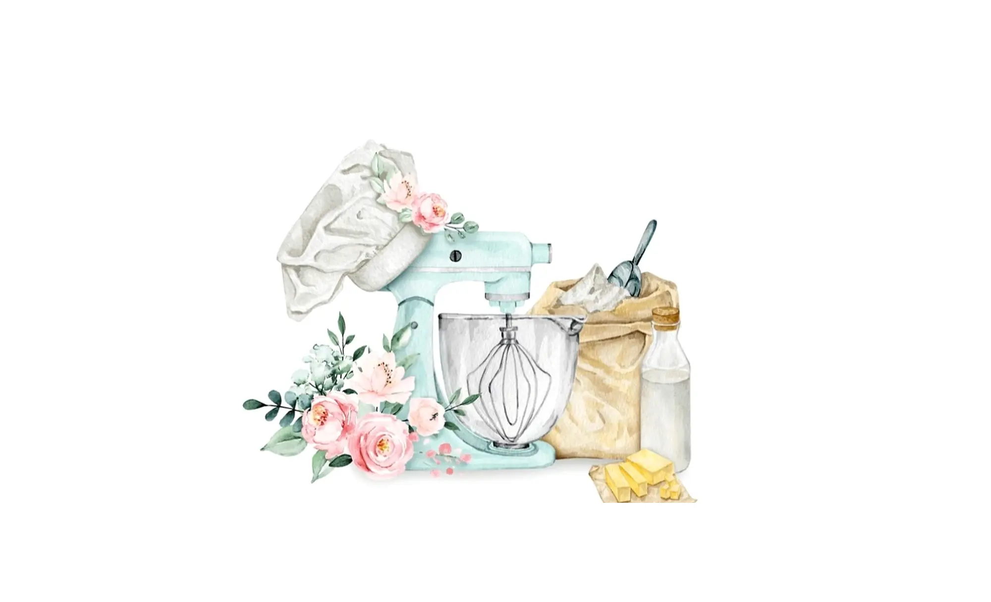 Watercolor illustration of a pastel stand mixer with roses, flour and butter